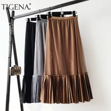 TIGENA Лоскутная бархатная длинная юбка женская мода Весенняя женская Корейская Повседневная трапециевидная плиссированная юбка с высокой талией Женская