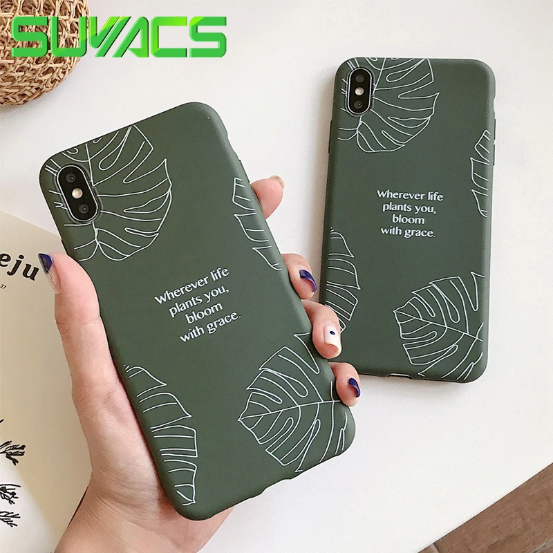 

SUYACS New Simple Leaf Phone Case For iPhone 7 8Plus X XR XS Max 6 6S Vintage English Words Couples Soft TPU Back Cover Bag Gift