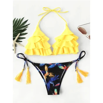 

2020 New Sexy Ruffled Bralette Bikini Women Triangle Halter Bathing Suit Backless Swimwear S-L Girl Floral Low Waist Bikini Set