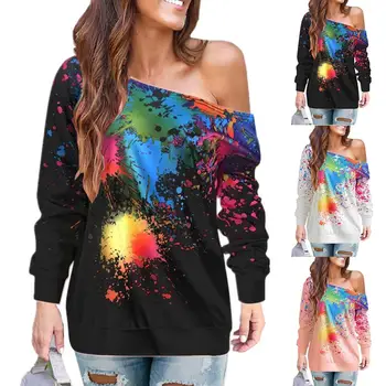 

Hot Fashion Women Inkjet Print Sloping Shoulder Long Sleeve Pullover Blouse Top Cotton /Spandex Loose Women's Blouse Size S-2XL