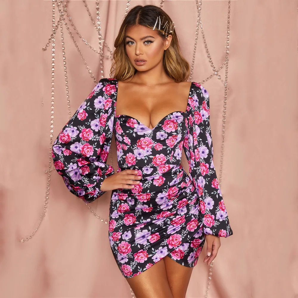 pink Модные платья Mni с криптографическим цветочным принтом и квадратным воротником, сексуальные вечерние платья с открытой спиной для ночного клуба, облегающее зимнее платье с длинным рукавом - Цвет: pink
