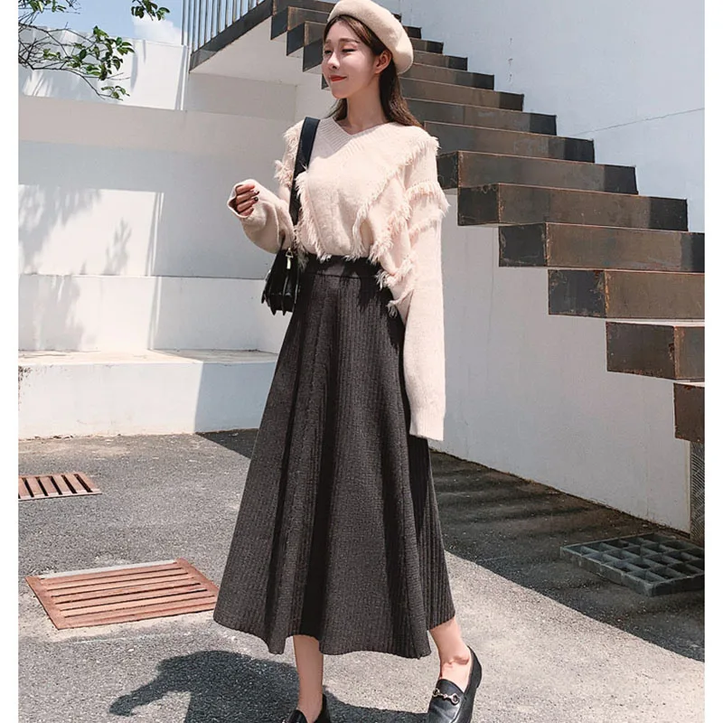 Women's Knit Skirt Autumn Winter New High Waist Solid Color A-line Pleated Knit Skirt Office Lady Wild Warm Long Skirt ML291