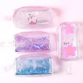 

1pc Cute Glitter Sequins Translucent Pen Bag Fashion Dazzle Cosmetic Bag Cartoon Women Ladies PVC Makeup Bags Kawaii Stationery