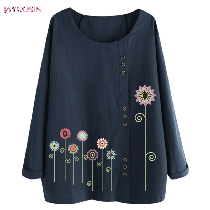 

JAYCOSIN 2019 Personality Colorful Tops Sexy Women's Casual Plus Size O-Neck Print Loose Button Long Sleeve Blouse Drop #0809