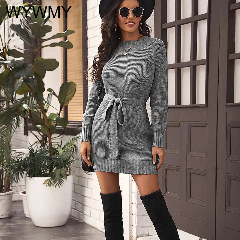 

Однотонное платье-свитер WYWMY средней длины на шнуровке, женское вязаное платье с длинным рукавом, Осенний пуловер, повседневный элегантный свободный джемпер