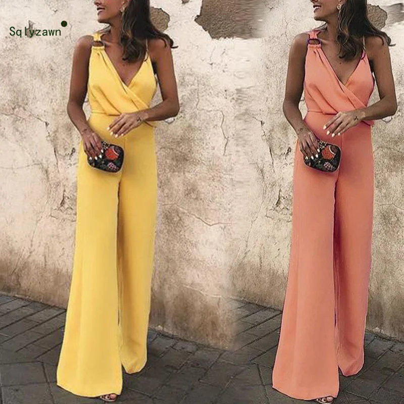 

New Sexy Off Shoulder Party Straps Jumpsuit Women Wide Leg Long Pants Rompers V-Neck Elegant Asymmetric Jumpsuits for Women 2019