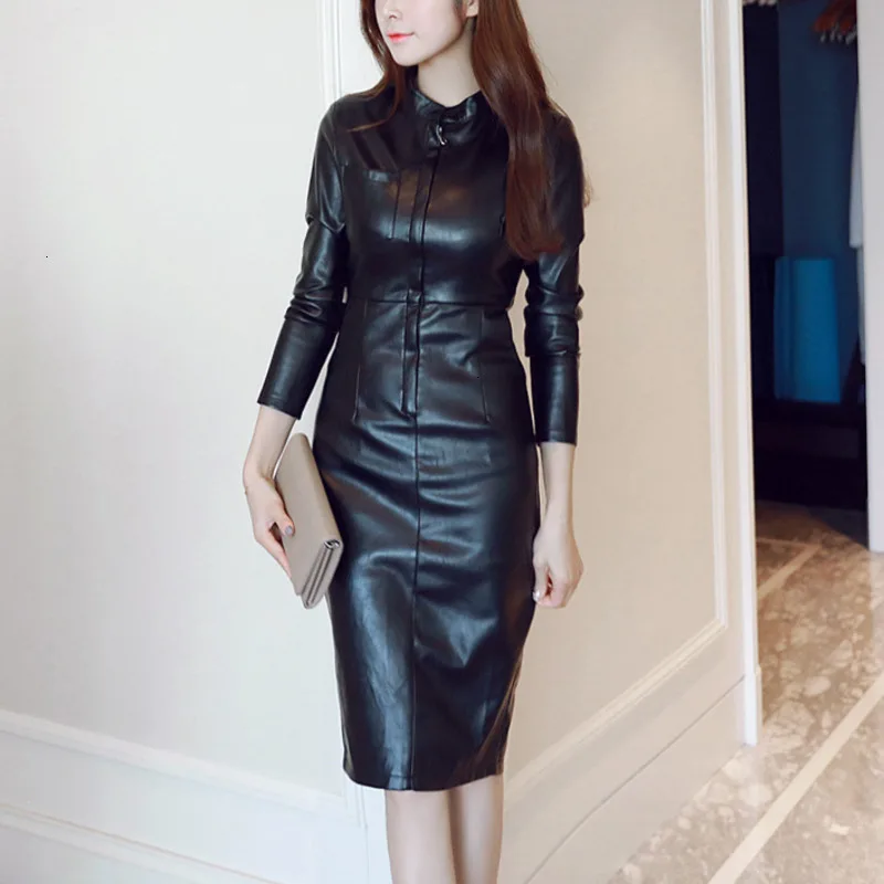 

2020 New Spring Black Pu Leather Bodycon Autumn Skater Pencil Slim Collar Wrap Shift Dress Sexy Women Ladies Dresses For Female