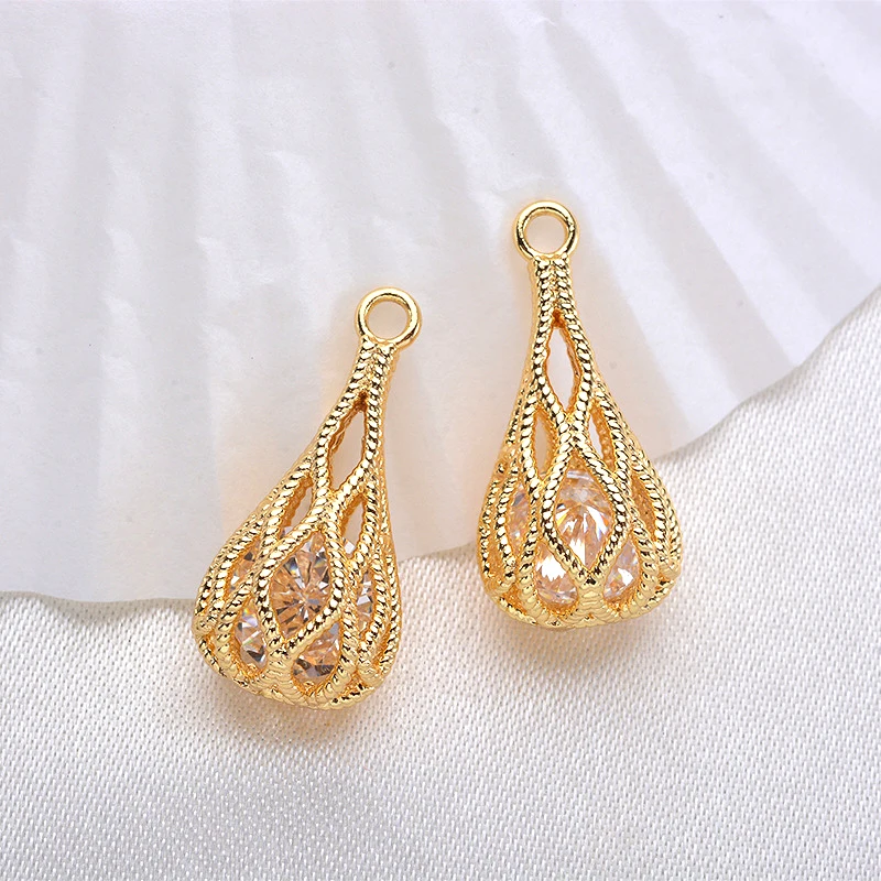 4PCS 20*10MM 24K Champagne Gold Color Brass with Zircon Double Drop Charms Pendants High Quality Jewelry Accessories
