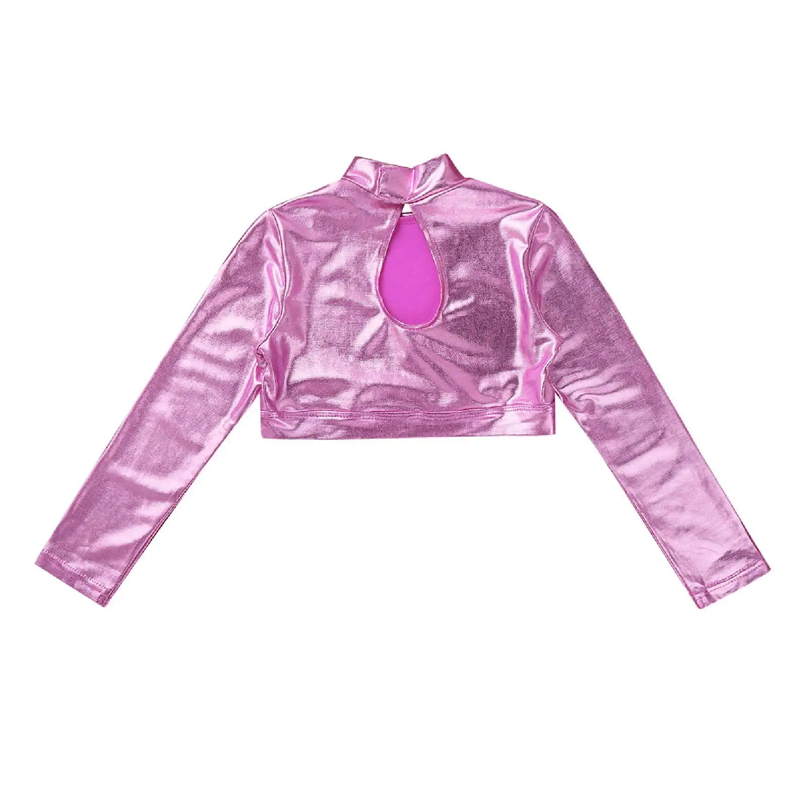 Long Sleeves Glossy Shiny Metallic Crop Top Kids Girls Rave Outfits T-Shirts Mock Neck Short Crop Tops Workout Stage Performance