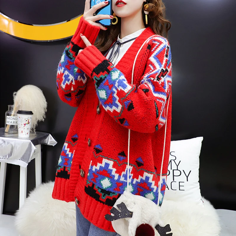 PERHAPS U women sweater knitted long sleeve cardigans red beige green geometric loose V neck autumn winter National style M0209