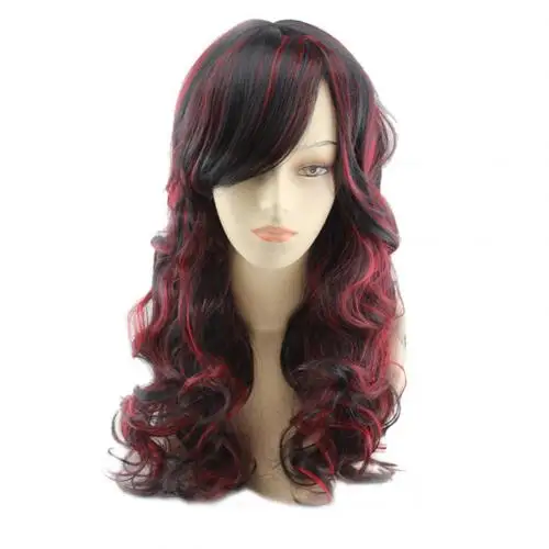 Термостойкий длинный волнистый кудрявый парик наклонная бахрома матовый синтетический парик - Цвет: Black Red