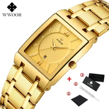 WWOOR Роскошные мужские часы, Золотые Квадратные кварцевые часы для мужчин, Лидирующий бренд, часы с датой, водонепроницаемый золотой браслет, деловые мужские наручные часы