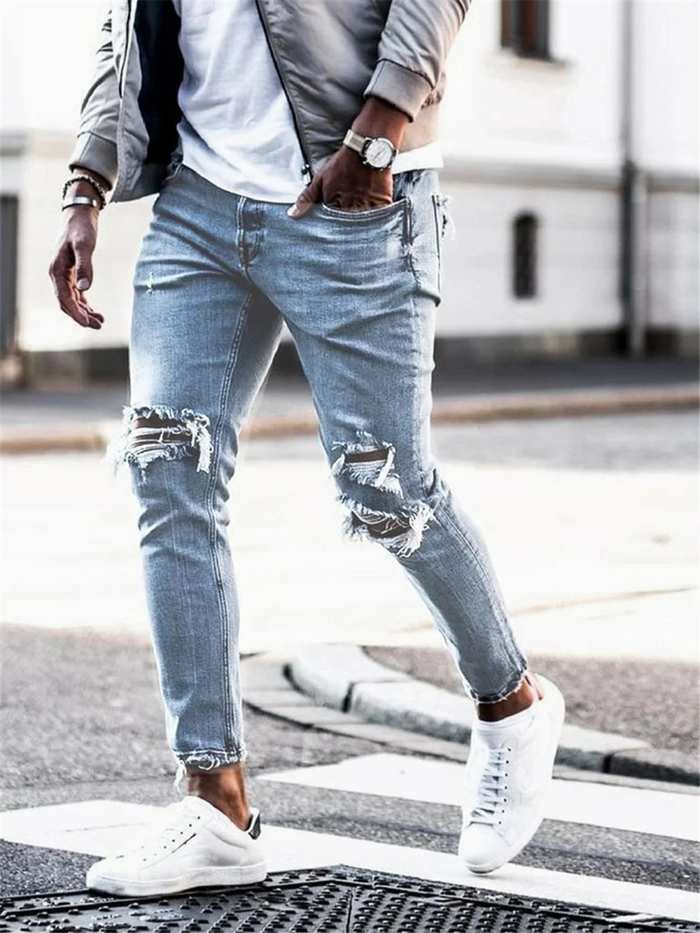 formato alfombra Altoparlante Pantalones vaqueros ajustados azul claro para hombre, ropa de calle, jeans  rasgados, Hip Hop, jeans rotos de moda para hombre, jeans ahuecados de  motorista - AliExpress Ropa de hombre