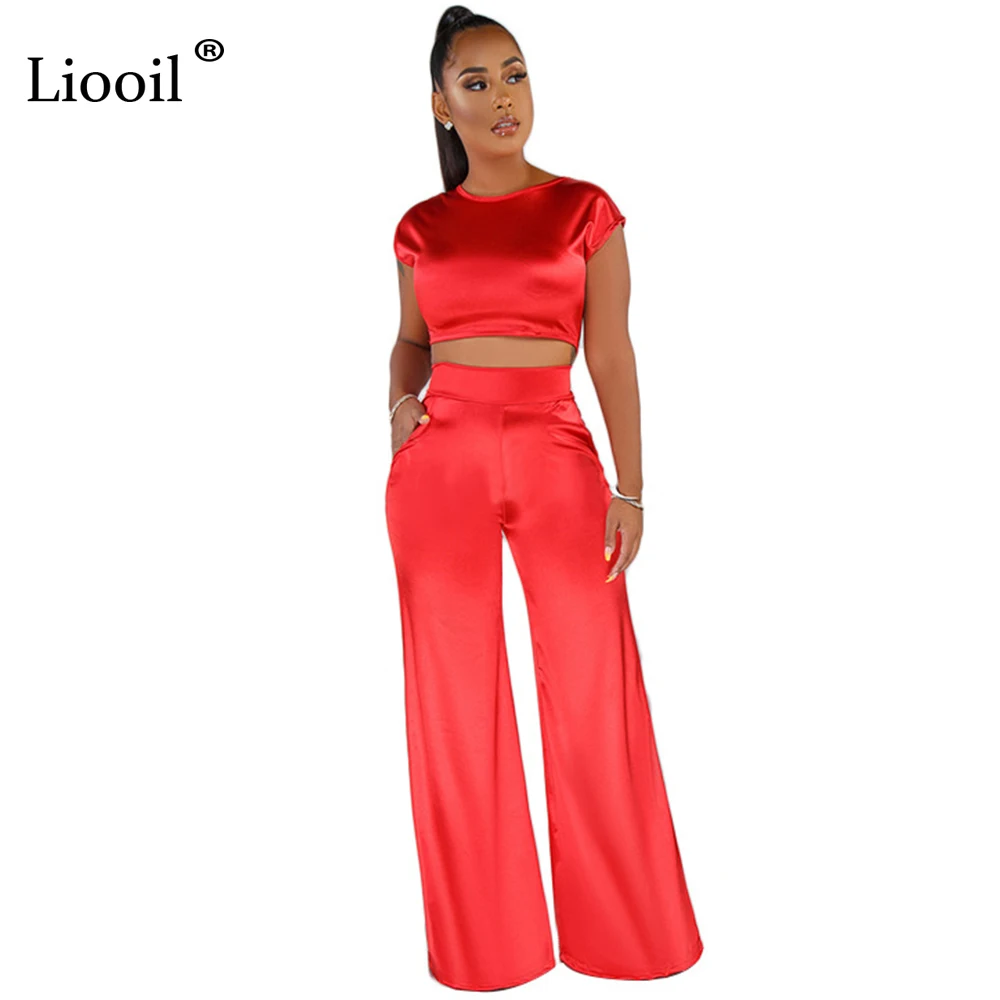 

Liooil False Silk Two Piece Set Club Outfits Short Sleeve O Neck Sexy Crop Top Wide Leg Pants Women Black White Red Party Sets