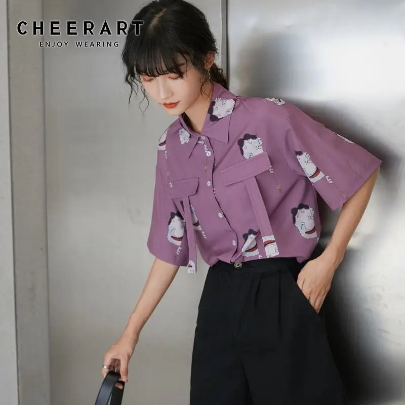 CHEERART Japanese Cartoon Print Purple Short Sleeve Shirt Women Summer Top And Blouse Button Up Loose 2020 Fashion | Женская одежда