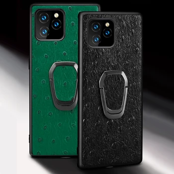 

Genuine Ostrich Grain Leather Phone Case for iPhone 11 Pro Max X XS Max XR 6 6s 7 8 Plus SE 2020 Ring Magnetic Kickstand Cover