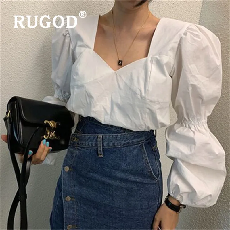 RUGOD Весенняя блузка с пышными рукавами, женские блузки с длинным рукавом, элегантный топ, корейская модная одежда, женские рубашки, рубашка с открытой спиной