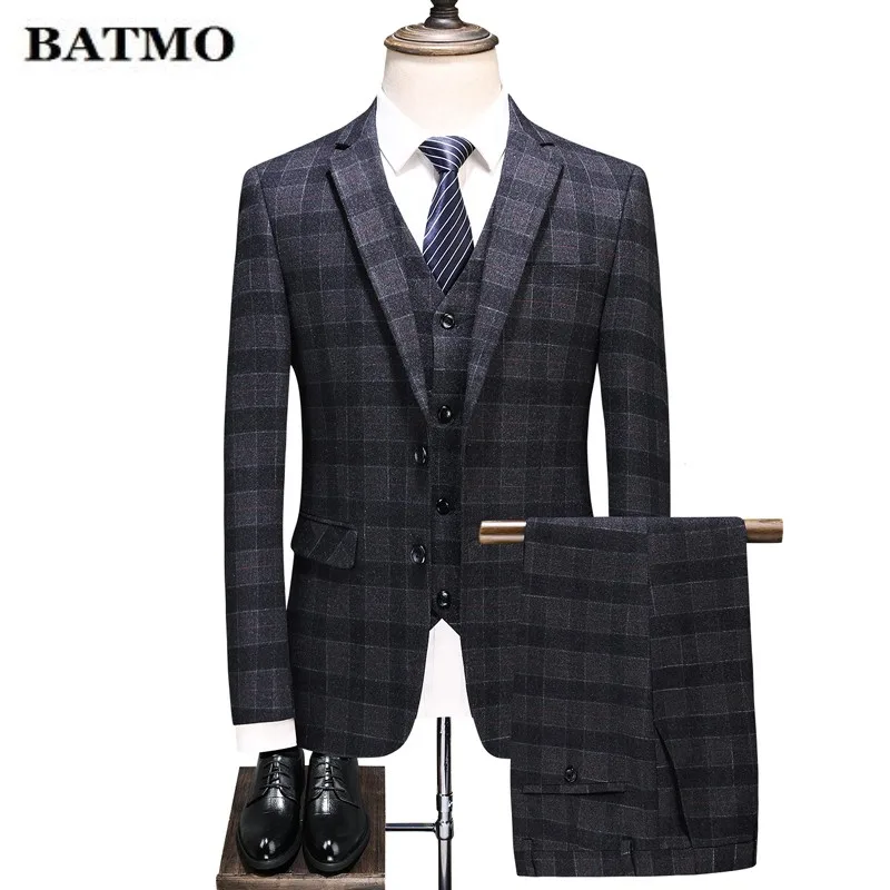 

Batmo 2019 new arrival High quality men's wedding dress blazer,Single-breasted Classic plaid suit men,Woolen Business suits.