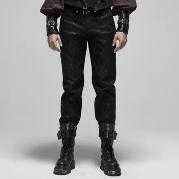 

PUNK RAVE Men Steampunk Mottled Stripes Pants Punk Metal Adjusting Button Mid-low Waist Straight Trousers