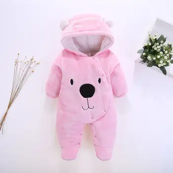 

Newborn Baby Plush And Velvet Warm Romper Girl Boy Cartoon Bear Hooded Jumpsuit Romper Baby Infant Clothes Winter Overalls