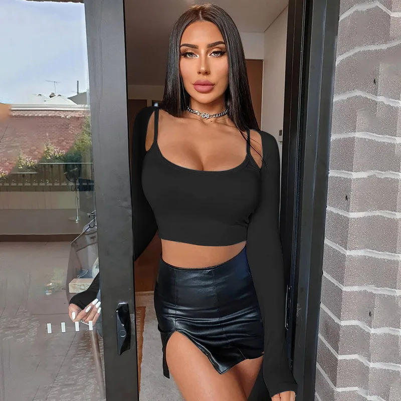 2pcs Women's Solid Color Long-sleeved Shawl+sexy Round Neck Short Suspenders Slim-fit Hollow Halter Crop Top Lady Party Wear