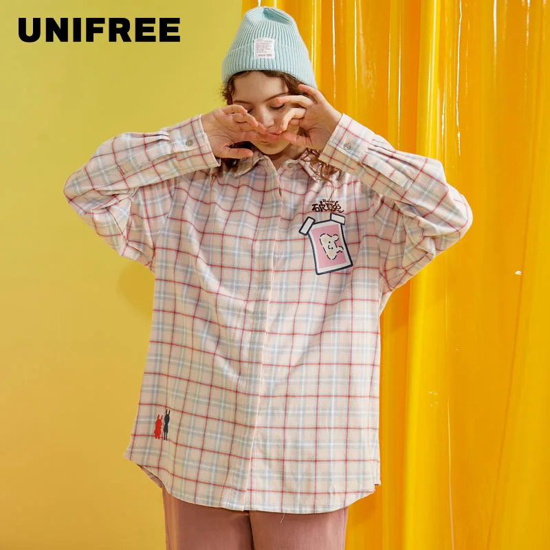 A26 Pink Unifree клетчатая рубашка для женщин, новинка, Ретро стиль, Гонконг, длинный рукав, топ, Свободное пальто, дизайн, чувство ниши, U193D617DT - Цвет: A26 Pink