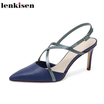 

Lenkisen french romantic high quality real leather mixed color thin high heels ankle straps beauty lady sweet party sandals L53