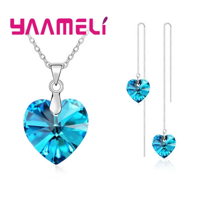 Love Heart Shape Women 925 Sterling Silver Bridal Jewelry Set For Wedding Fashion Crystal Pendants Necklaces Earring Set 