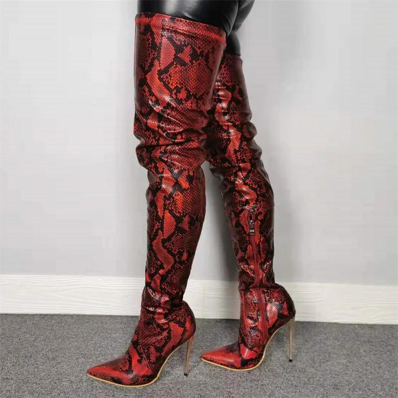 red snakeskin thigh high boots