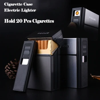 

Pocket Cigar Cigarette Case Box with Flameless Electronic Lighter Windproof Coil Lighters 20 pcs Cigarettes Holder Container