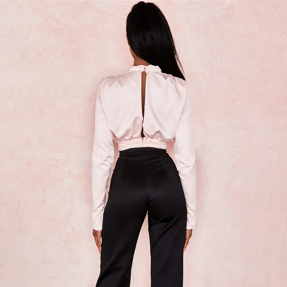 New Offer for Artsu Elegant Satin Pink Blouse Long Sleeve Bodysuits