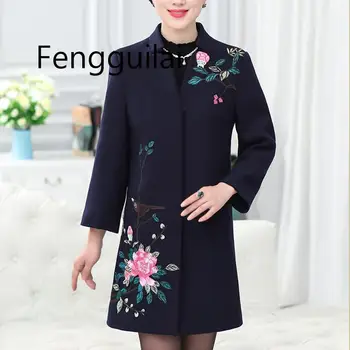 

FENGGUILAI 2019 Fashion Winter Large Size Woolen Coat Long Section Embroidered Single-breasted Cotton Coat Women Woolen Jacket