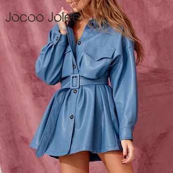 

Jocoo Jolee Long Sleeve PU Leather A-Line Dress Spring Single-breasted Slim Belt Short Dress Streetwear Women Outfits 2020 New