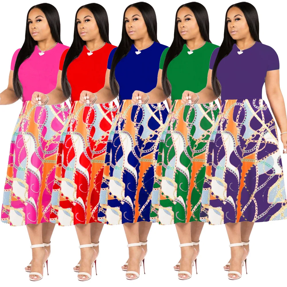 

European and American women's autumn urban temperament fashion trend trend gold chain print large swing dress