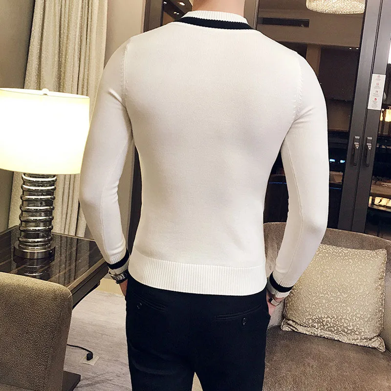 Осенний мужской свитер pull homme Модный повседневный теплый однотонный облегающий мужской вязаный пуловер с круглым вырезом белого и черного цвета