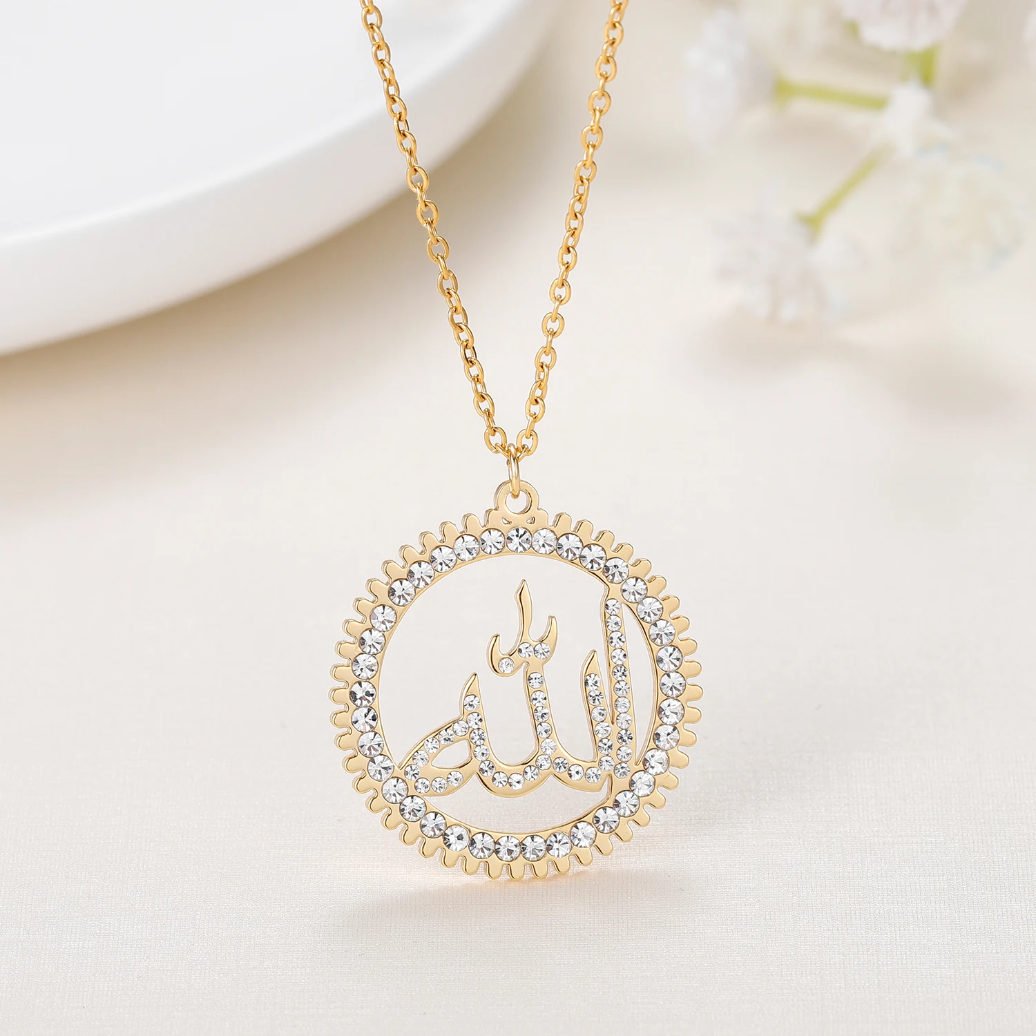 

Custom Diamond Allah Necklace For Women Gold Stainless Steel Jewelry Pendants Islam Muslim Arabic God Messager Gifts