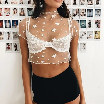 

2020 Summer short sleeve Star mesh perspective T Shirt For Woman Summer Hot T-shirt stand neck Top Tee Female