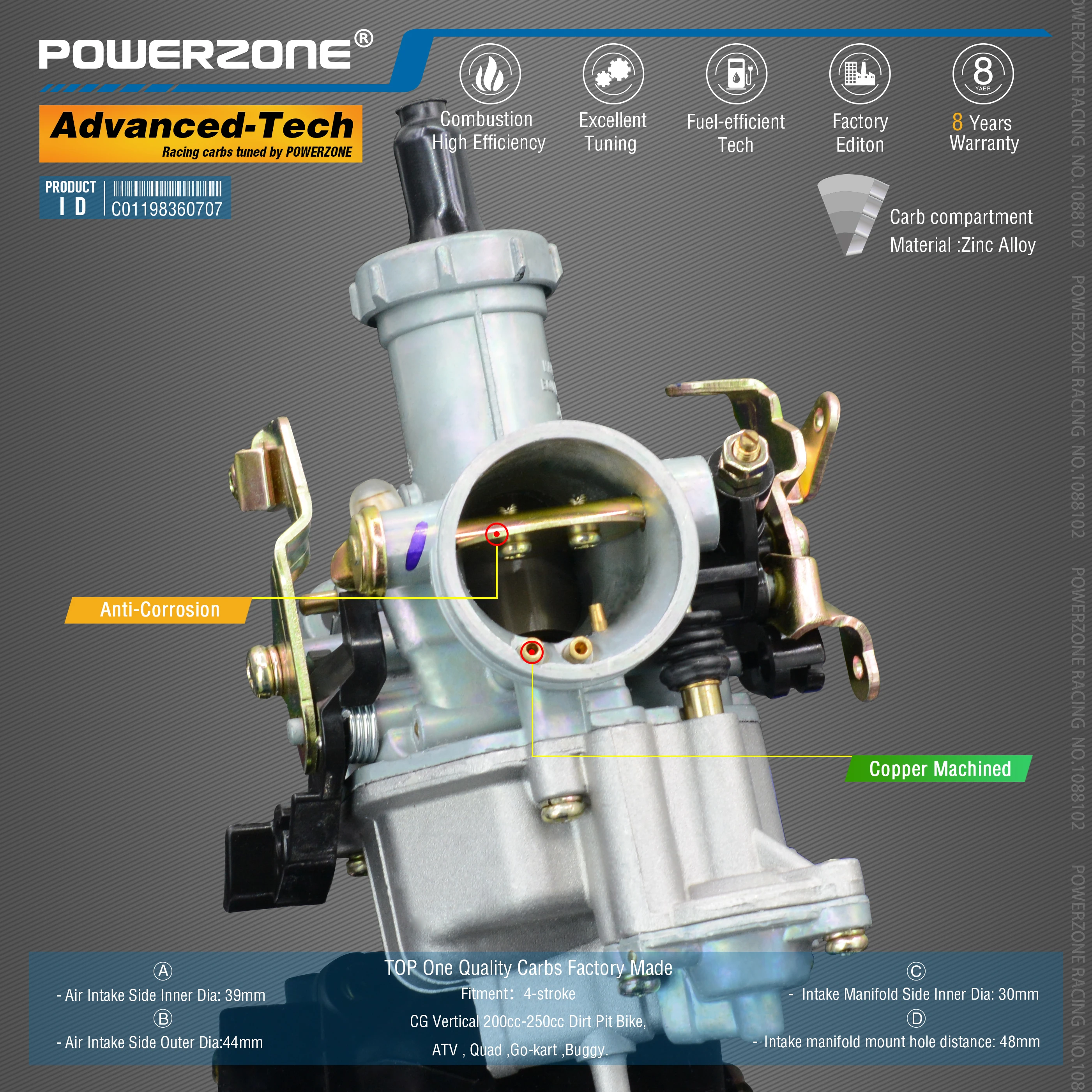 Powerzone карбюратор PZ30B 30 мм CVK Ускорительный Насос Carb для CG Vertical 200cc-250cc Dirt Pit Bike, ATV, Quad, Go-kart, багги