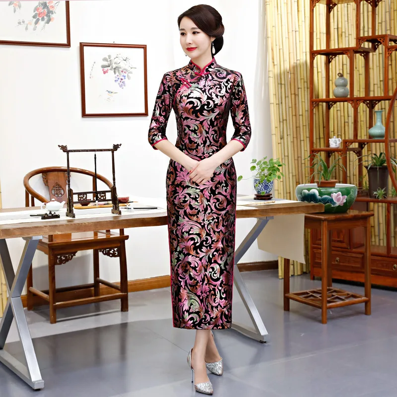 749 Cheongsam велюровое платье Ципао с принтом винтажное модное улучшенное осеннее длинное платье вечерние платья для мамы и свадьбы - Цвет: 749