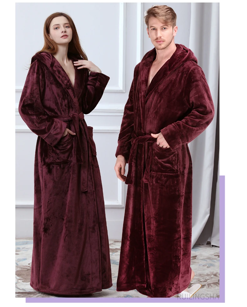 mens pyjama tops Men Winter Extra Long Warm Flannel Bathrobe Plus Size Coral Fleece Kimono Robes for Women Hooded Long Sleeve Bath Robe Sleepwear mens silk pajama set