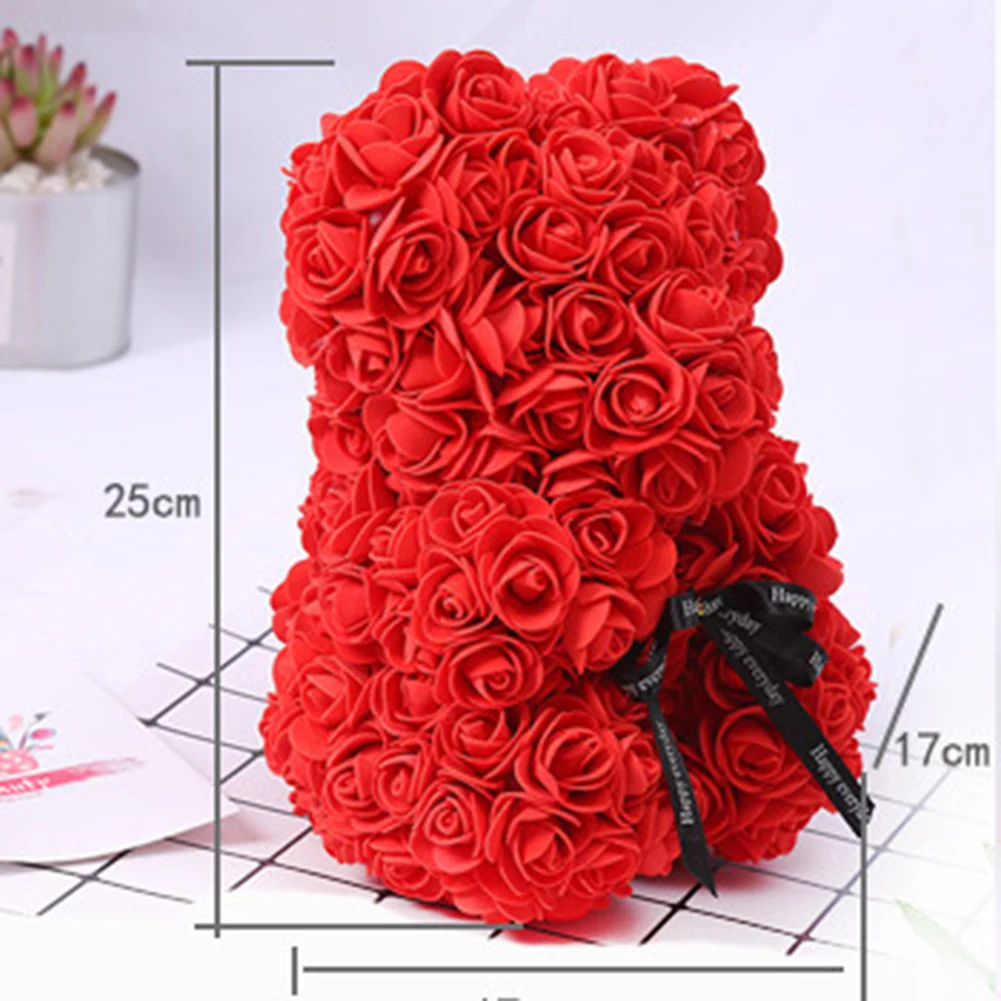 25cm Romantic Simulation Rose Flower Foam Bear Shape Doll Valentines Day Birthday Xmas Gift Home Decoration