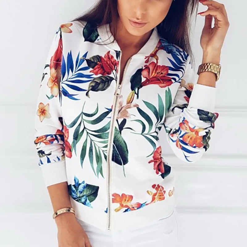 

Oeak 2019 New Arrival Women Jacket Fashion Floral Printed Short Jacket Casual Long Sleeve Tops Zip Up Streetwear Autumn Jacket