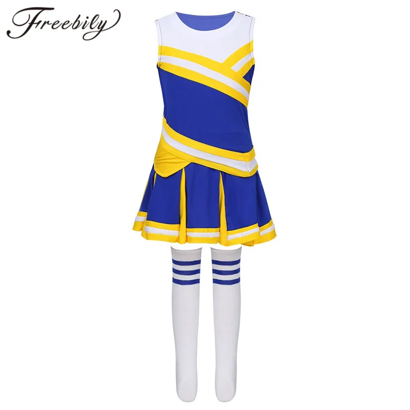 Kids Girls Sport Game Cheer School Girl Costume Sleeveless Tops Pleated Skirt Socks Set Cheerleading Uniforms Dress Up Outfit cheerleader stage performance red dress pompoms cheerleading costumes adult high school cheer uniform girl dancing show