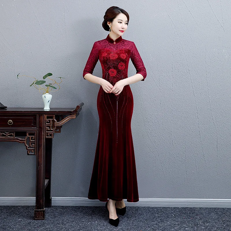 Осень/зима рыбий хвост юбка платье ретро Национальный стиль мать cheongsam длинная Вышивка Горячая алмаз улучшенное китайское платье