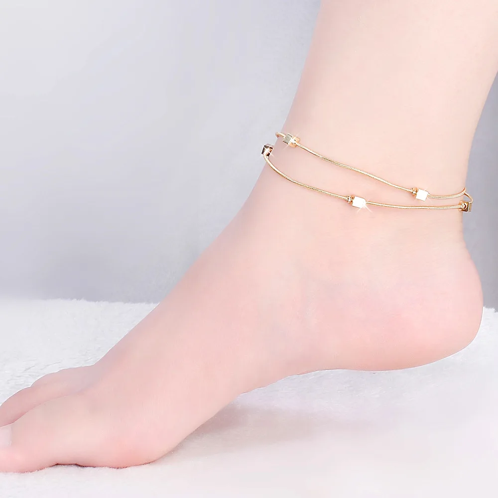 

Korean-style New Style Anklet Women's Geometric Double Layer 18K Golden Light Body Small Squares Anklet Silver Europe And Americ
