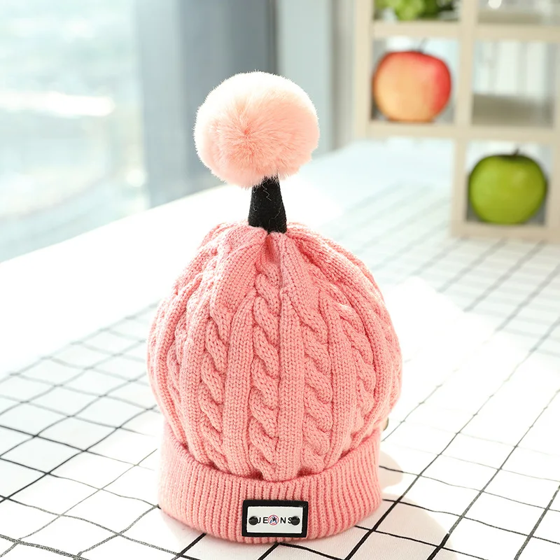 Winter Hats For Kids Pompom Fur Knitted Beanie Cap Baby Children Fur Pom Pom Hat Girls Warm Outdoor Ski Caps Bonnet - Цвет: Pink