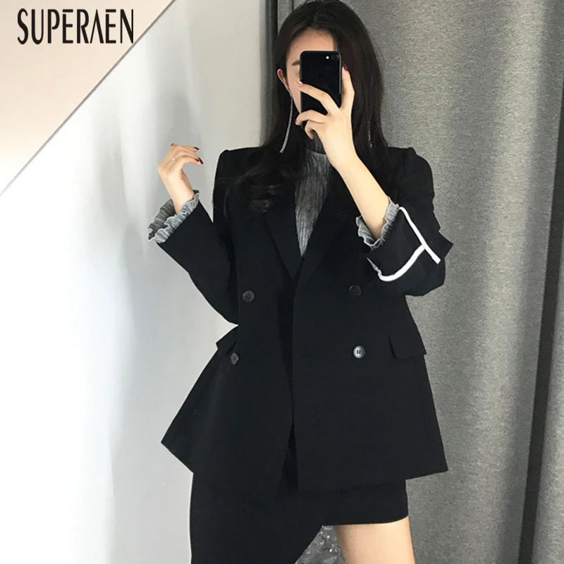 SuperAen, Модный женский пиджак, осень, корейский стиль, женский костюм, куртки с длинным рукавом, повседневный двубортный топ