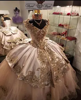Vestidos de quinceañera con cuentas oro rosa para quinceañera, trajes de baile con apliques, vestidos de princesa de 15 y 16 años para 15 años, 2021