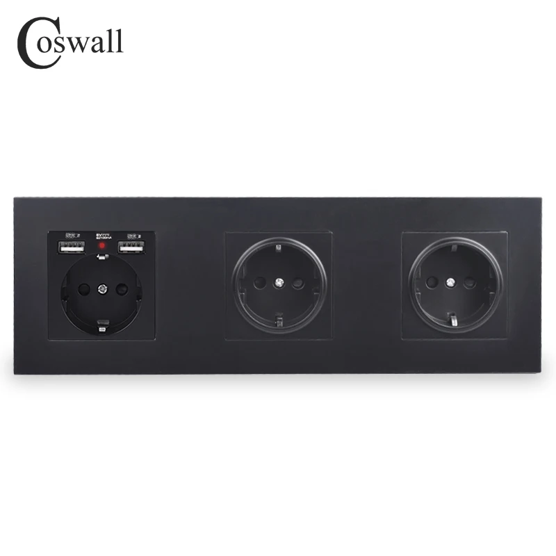COSWALL 3 банда настенная розетка с заземлением+ двойной usb порт для зарядки со скрытым мягким светодиодный индикатор черный белый золотой ПК Панель