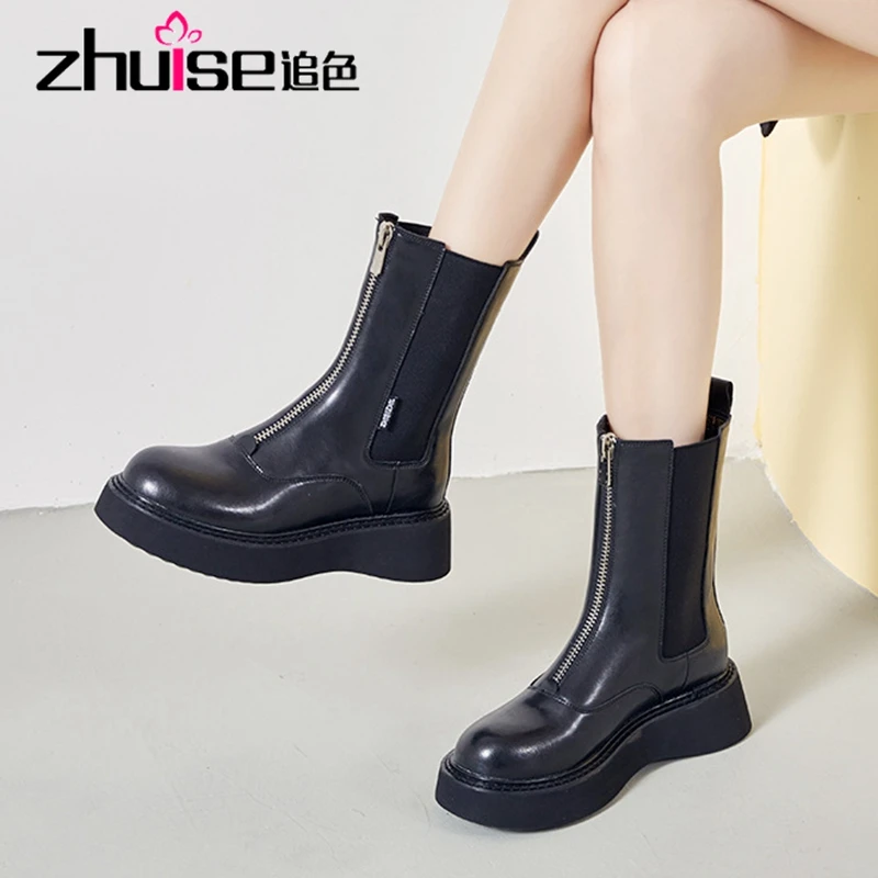 Женские сапоги до середины икры FEDONAS черные из натуральной кожи на молнии спереди